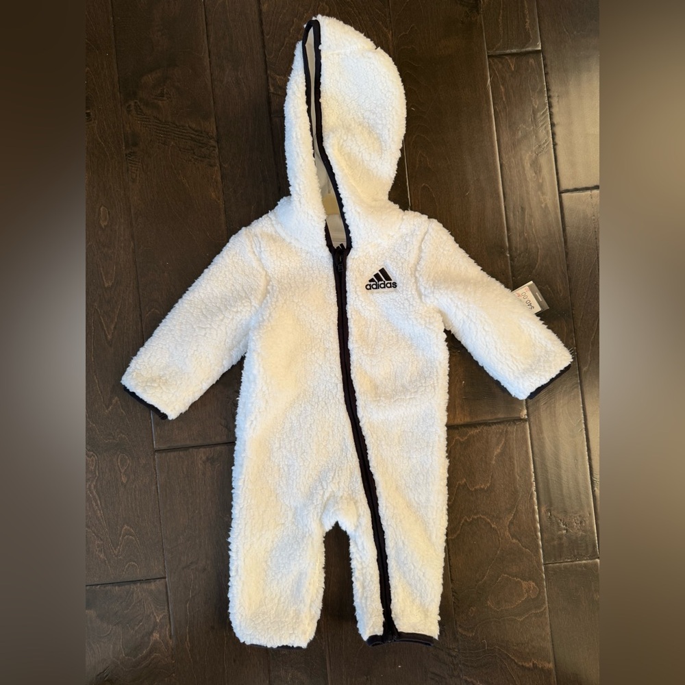 NWT Adidas Kids White Fleece Snowsuit Onesie with Black Trim